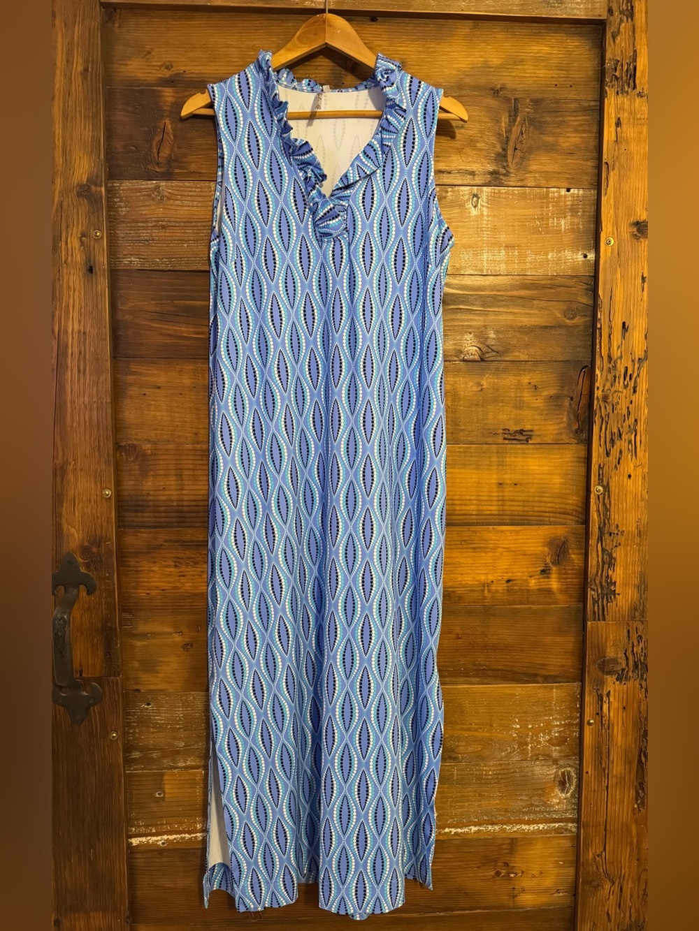 Lulu-B Ruffle Neck Maxi Dress Blue Aqua Geometric UPF 50 Size M